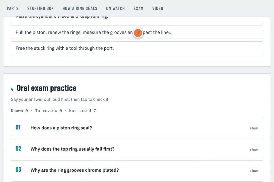 Oral exam practice cards with questions about piston rings